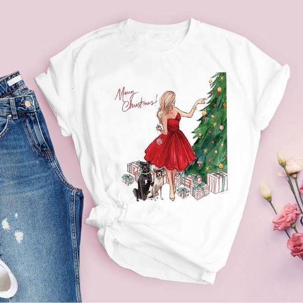

tees for women print cartoon elegant dog happy time merry christmas ladies clothes lady clothing female t shirt t-shirt, White