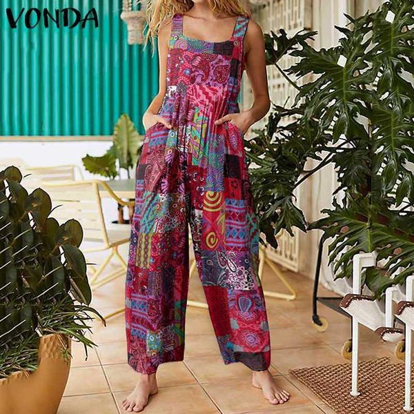 

vonda women sleeveless rompers casual jumpsuit loose long trousers cotton wide leg pants bohemian printed overalls pantalon 5xl1, Black;white