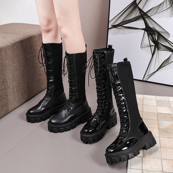 

shoes women boots over knee boots-women lace up round toe booties ladies luxury designer over-the-knee 2020 rock rubber summer, Black