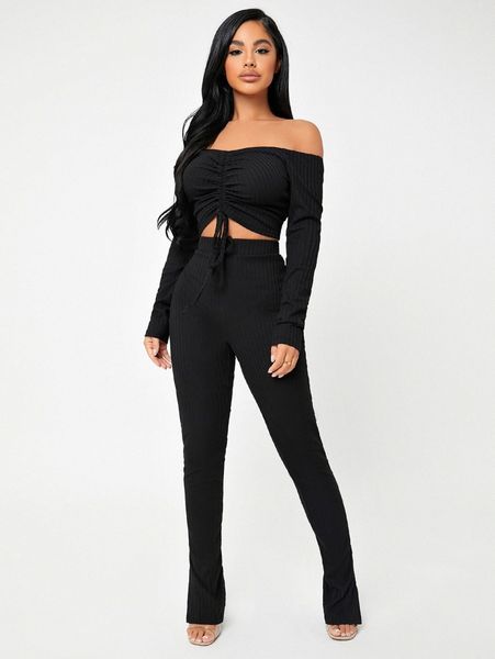 

sxy off shoulder drawstring ruched crop tee & split hem leggings set y5yq#, White