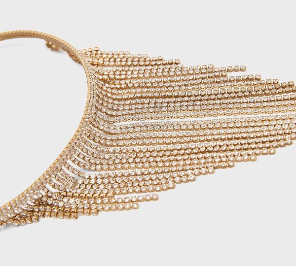 

wholesale new za golden sparkly crystal tassel choker necklace for women luxury bright layers hanging necklaces charm lover11, Golden;silver