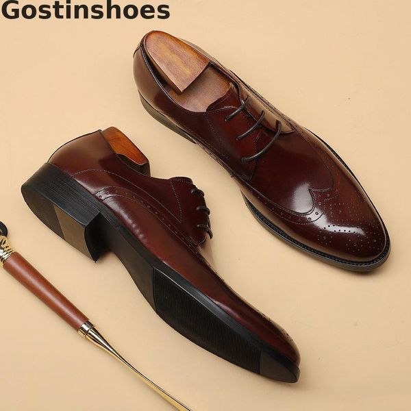

black brown men derby brogues shoes cut-out wing tip genuine leather men shoes round toe lace-up leather for business