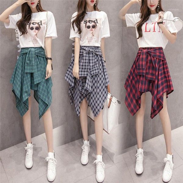 

women's plaid skirts lace-up new boho summer lady vintage high waist pocket bow belt skirt1, Black