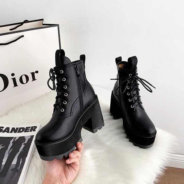 

boussac round toe platform boots women lace up cross-tied martin boots women black punk goth high heel