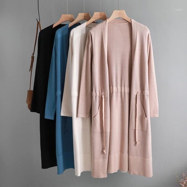 

2020 autumn winter drawstring knit cardigans women midi long sweater cardigan female outwear jacket coat with pocket new1, White