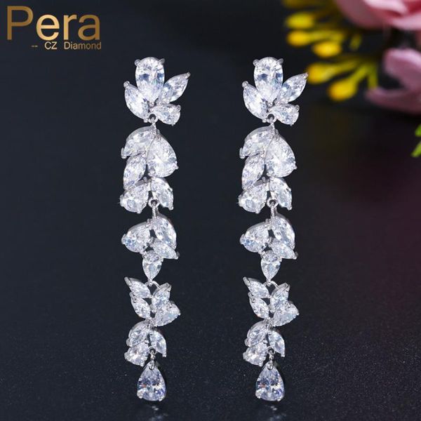 

dangle & chandelier pera brilliant white leaf shape long hanging drop earrings for women engagement wedding dress cubic zirconia jewelry e40, Silver