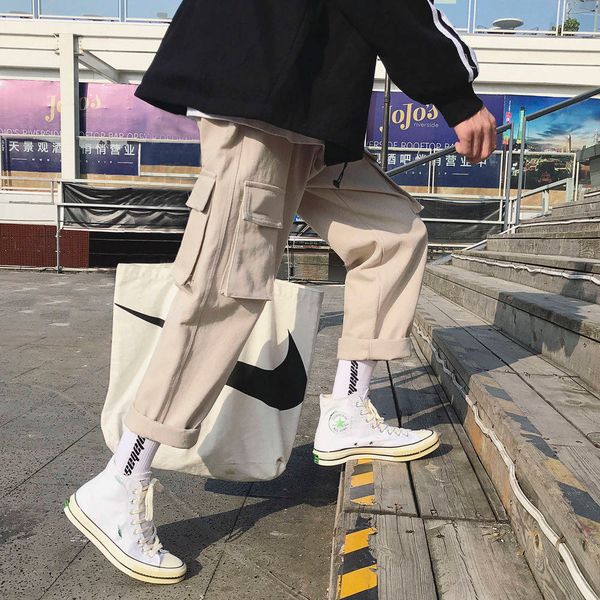 

fashion vintage joggers mens streetwear cargo male hip hop plaid pants high street japan spring trousers males kg-273, Black