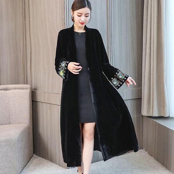 

sleeve exquisite embroidery vintage velvet kimono trench new women v neck mid long windbreaker coat outerwear 5906, Black;brown