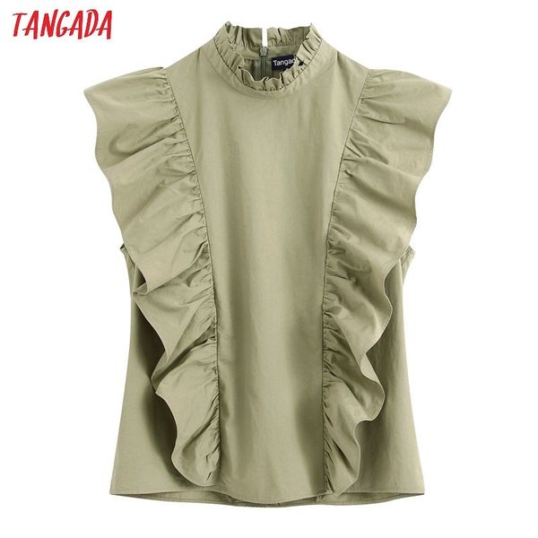 

tangada women ruffle green summer shirts sleeveless solid elegant office ladies work wear blouses be216 y200622, White