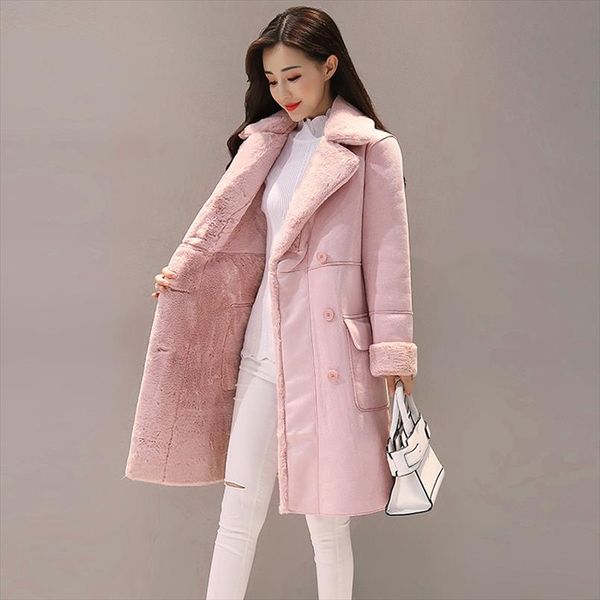 

winter warm suede fur lining women coat 2020 europe new fashion thick winter jacket long overcoat female warm trench coats, Black