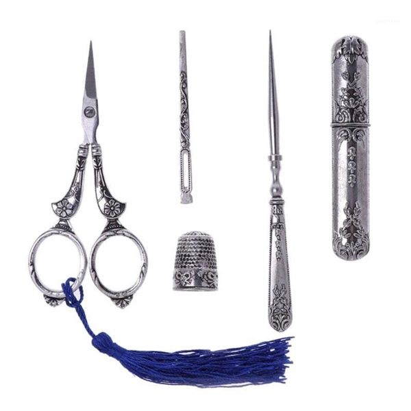 

sewing scissors set vintage embroidery tool alloy awl threader thimble needle case kit lb881