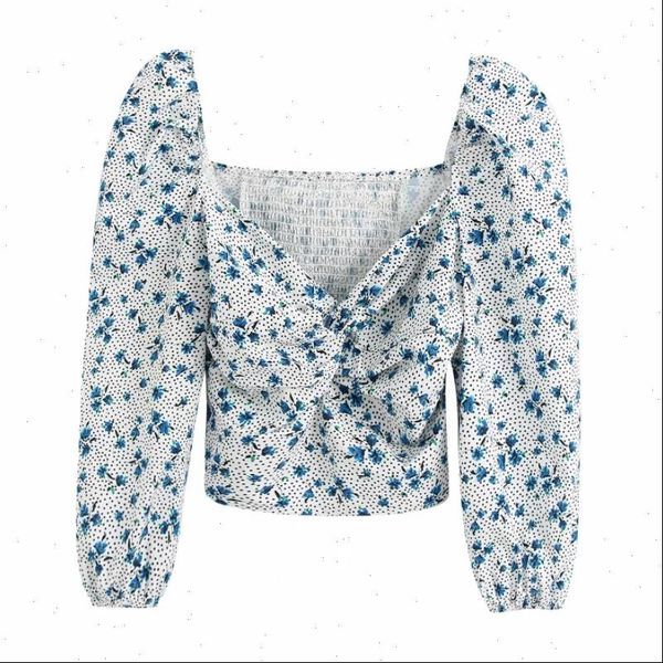 

women deep v neck print short shirt puff sleeve slim blouses women back elastic roupas femininas chemise shirts ls6414, White