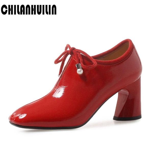 

classic lace-up women shoes patent leather pumps high heels square toe black red shoes ladies dress party office lady
