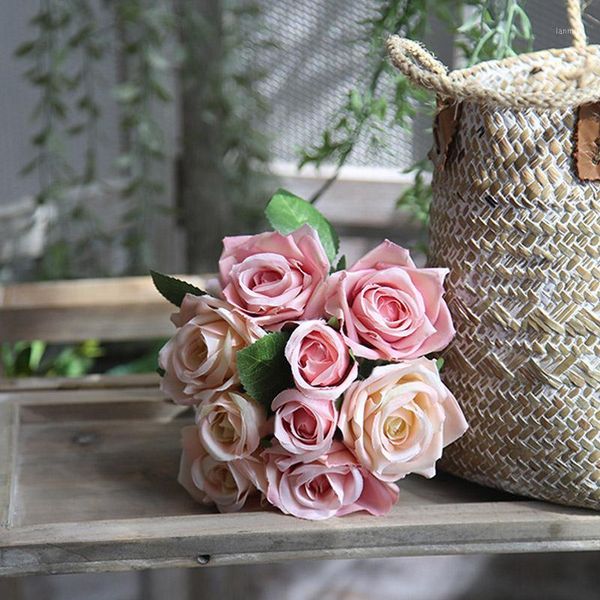 

1 bouquet 9 heads silk rose artificial flower for wedding home decoration rose fake flower bouquet table decor1