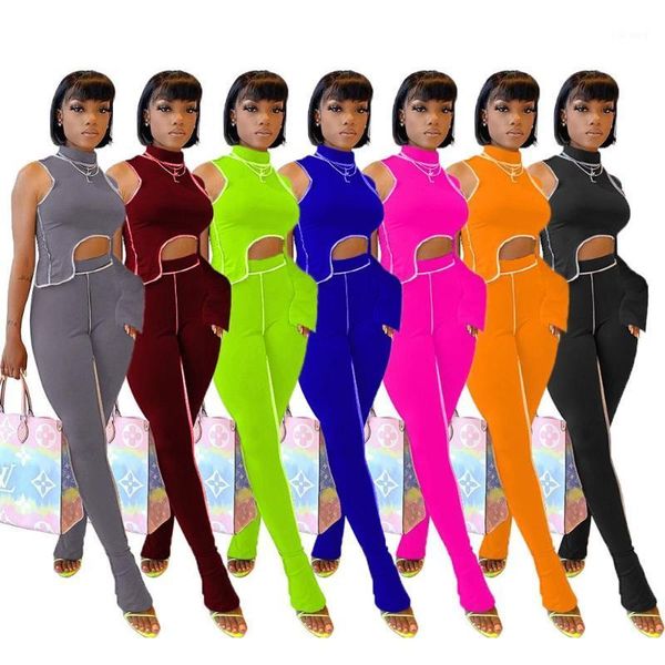 

women's tracksuits summer 2021 women casual girl style sets long sleeve round neck elastic pants pure color two piece sets1, Gray