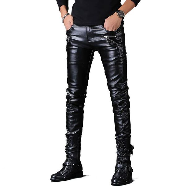 

pantalon homme men faux leather pants punk style skinny zippers night club motorcycle black pu leather soft trousers