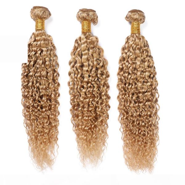 

kinky curly #27 honey blonde human hair weave bundles strawberry blonde malaysian curly human hair 3 bundles light brown virgin hair wefts, Black;brown