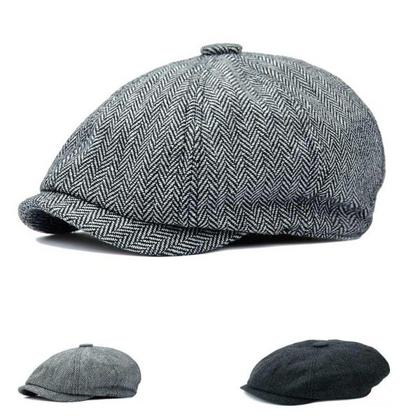 

men flat cap herringbone baker boy cap cotton newsboy berets grey hats back side elastic ing, Blue;gray