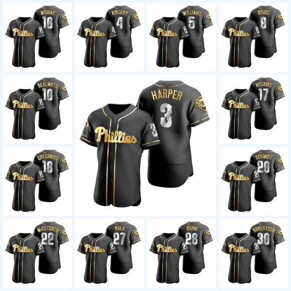 

3 harper 2020 black golden edition jersey rhys hoskins mike schmidt odubel herrera zack wheeler hector neris phillies nick aaron nola, Blue;black