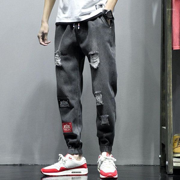 

men's jeans summer loose men's harem pants fashion casual washed ripped distressed holes denim trousers large size1, Blue