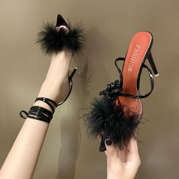 

sandals 2021 women high heel ladies stripper shoes plus size 35-45 female fur summer pointed toe stiletto black
