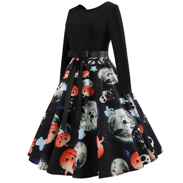 

women sweet retro halloween costume elastic swing skirts pumpkin bat print long-sleeve round neck high waist patchwork dress, Black;gray