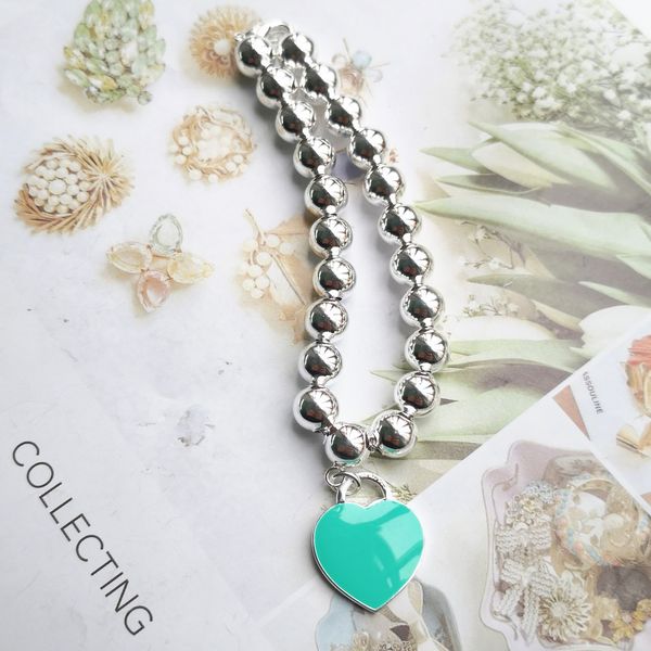 

1: 1 sterling silver 925 classic ladies blue enamel heart-shaped 8mm ball bead bracelet jewelry holiday gift 200925, Black