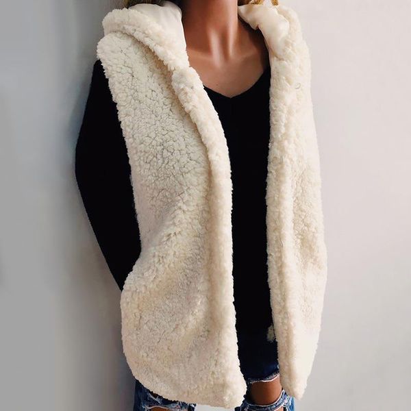 

women's beige white faux fur hooded vest coat autumn winter fashion casual slim-fit sleeveless outerwear warm fluffy waistcoat, Black;white