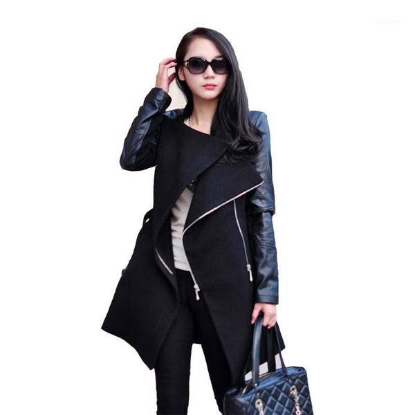 

wholesale- autumn winter style women fashion coat long sleeve pu leather patchwork wool overcoat casual zipper jacket coat wdc2501, Tan;black