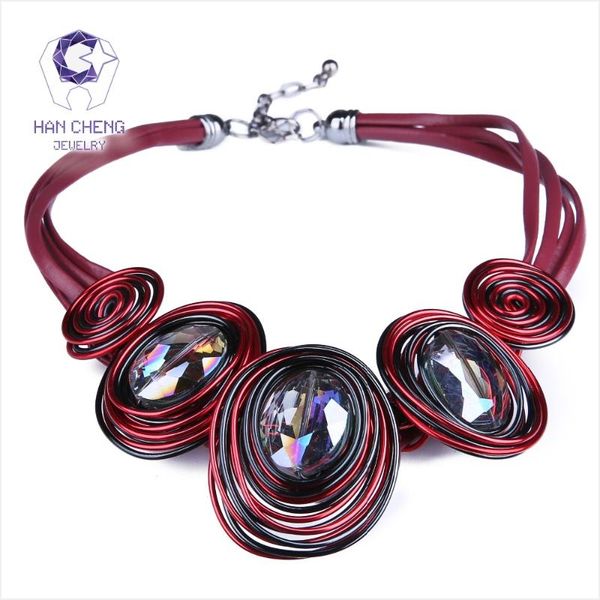 

hancheng new fashion handmade discolor rope leather choker necklaces crystal women necklaces statement jewelry collar bijoux, Golden;silver