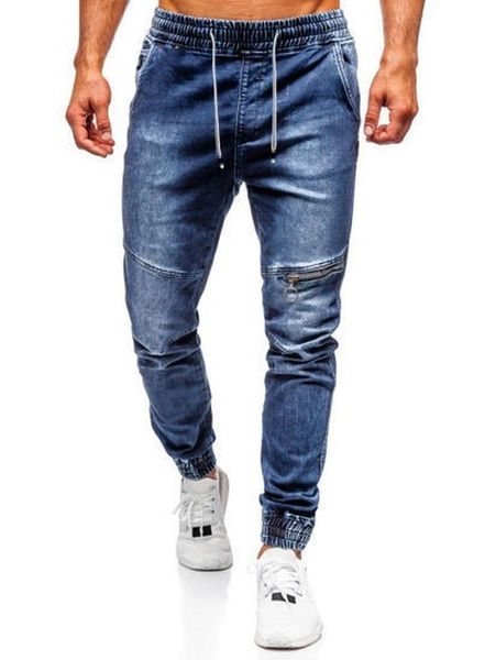 

men's jeans cotton men pants lace up denim trousers black skinny slim hip hop sportswear elastic waist male, Blue