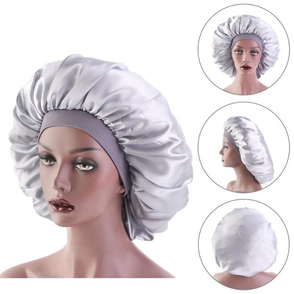 

new women extra-large size beauty solid satin silky bonnet sleep night cap head cover bonnet hat for curly springy hair black, Blue;gray