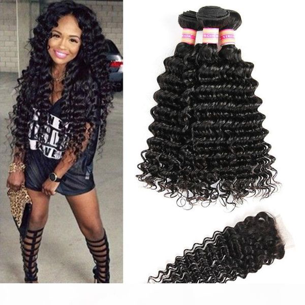 

deep wave human hair indian malaysian peruvian mongolian brazilian virgin hair bundles with closures kinky curly weave bundles with closure, Black