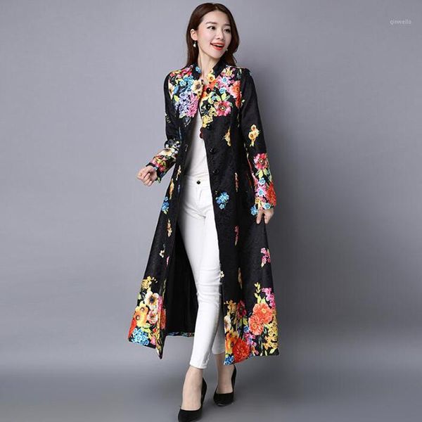 

2020 women autumn winter vintage print slim embroidery plus size cardigan long coat chinese national style trench outerwear1, Tan;black