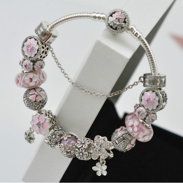 

2021 new 925 sterling silver charm beads luxury bracelets pink series collocation bracelet suitable for women diy bangles send the boxs, Black