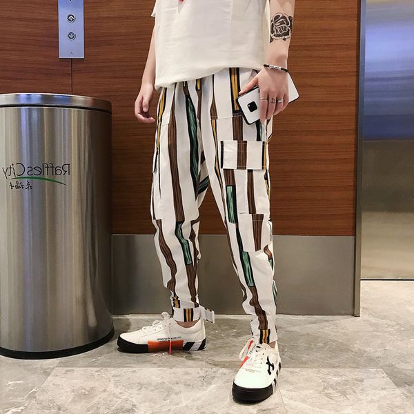 

m-2xl summer brand color stripe printing men's tooling casual pants hair stylist tide male youth feet pants., Black