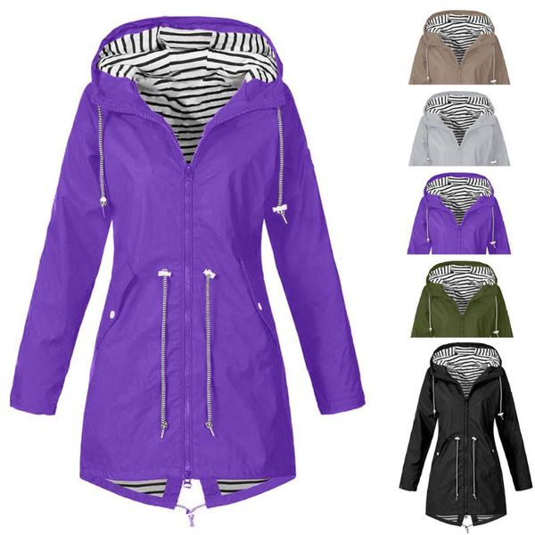 

women's jackets coat women solid rain jacket outdoor plus size waterproof hooded windproof loose overcoat polyester 2021, Black;brown