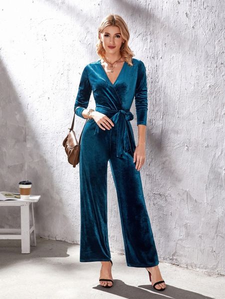 

emery rose surplice neck belted velvet jumpsuit l5i4#, White