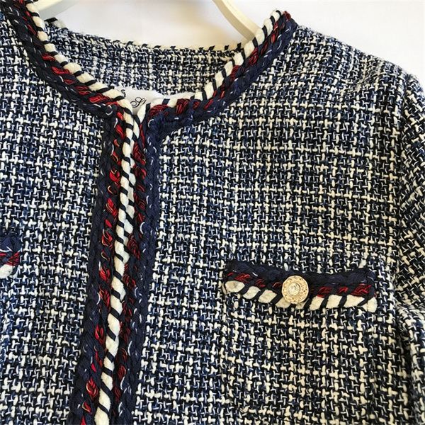 

2021 New Autumn Female in Fashionable Fabric Contrast Color Tweed English Style Short Retro Blue Red Jacket Harvest EDGW, Black;brown