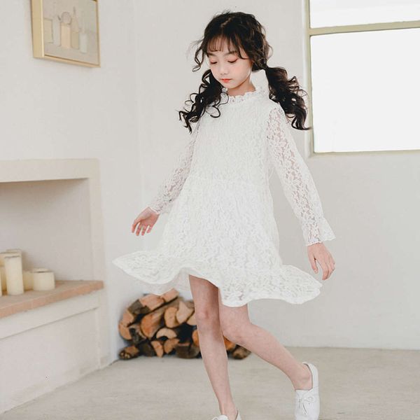 

autumn princs girls' 2020 korean lace long sve pleated drs, Red;yellow