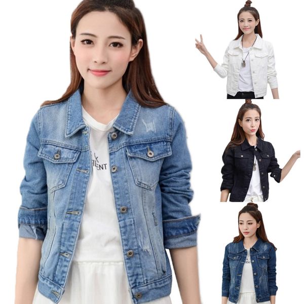 

fashion jeans jacket women spring 2xl xl autumn hand brush long sleeve stretch short denim jacket white pink coats 201027, Black;brown