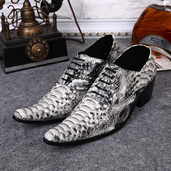 

italian genuine leather pointed toe metal tip gray python handmade men leather dress shoes fashion hairdresser party shoes men, Black