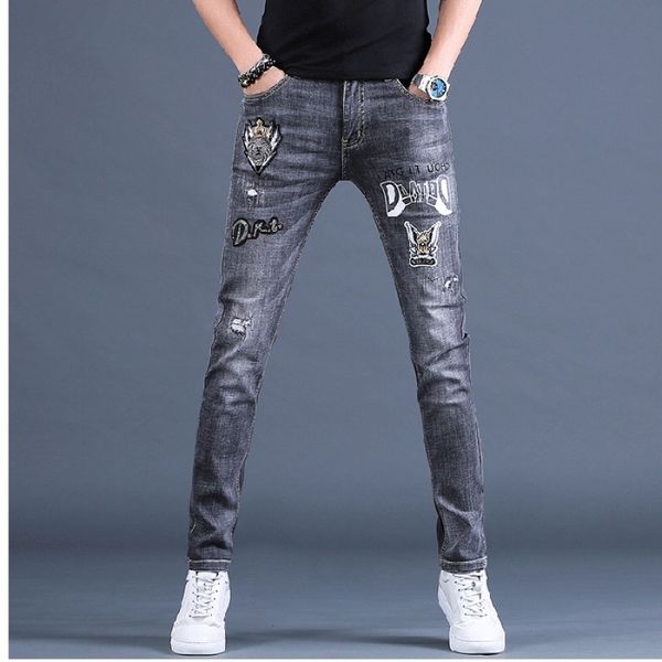 

2020 весной мужские высокие вышитые печатные джинсы случайные брюки jeansjeans и модный бренд тонкие ноги jeansmen упругие игровая случайные, Blue