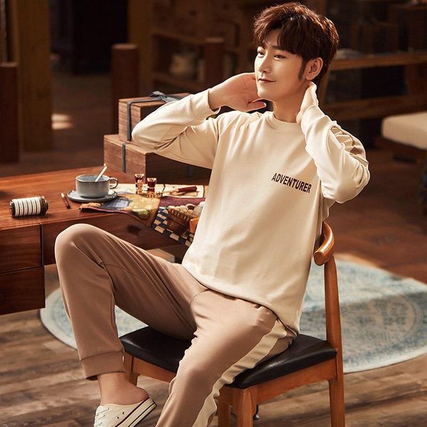 

men's sleepwear sommeil pajamas spring and autumn long-sleeved plus size home wear thin cotton suit dormir pigiama uomo, Black;brown