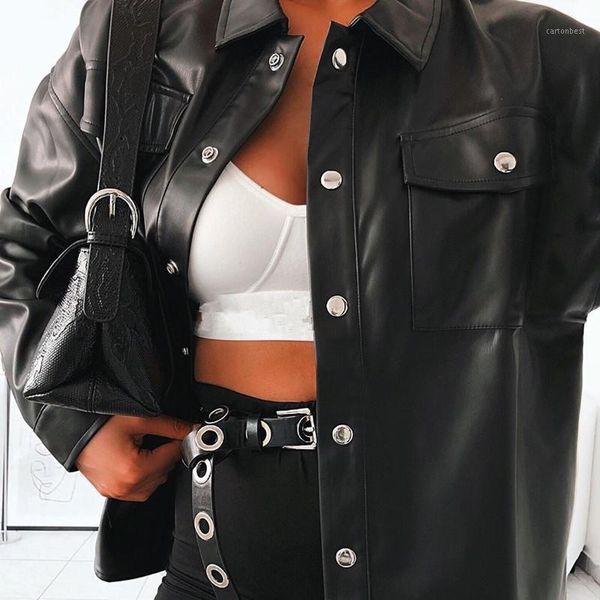 

women's jackets jiezuofang punk style women autumn leather jacket turn-down collar streetwear cool ladies pocket oversized jackets1, Black;brown