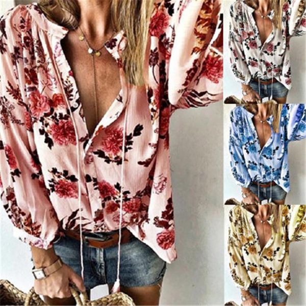 

neck shirts fashion trend female v neck long sleeve blouses flowers pattern ladies blouses designer new casual elegant loose lapel, White