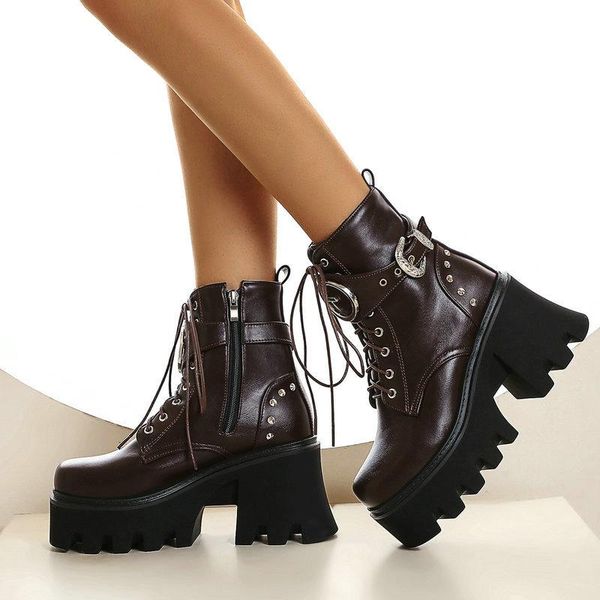 

fashion rivet women boots comfort platform thick high heel ankle boots lady square toe buckle autumn winter shoes, Black