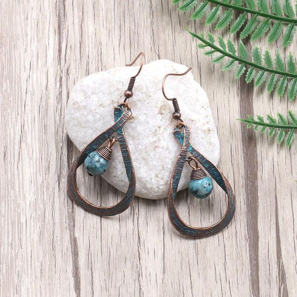 

dangle & chandelier ethnic verdigris patina plated antique copper water drop charm earring stone beads women bohemia jewelry, Silver