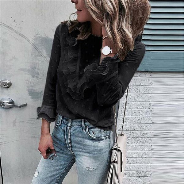 

vintage women chiffon solid color v neck ruffle trim blouse ladies casual long sleeve shirt black loose female blusas hot, White