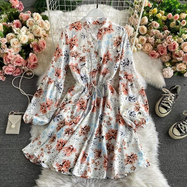 

spring new retro floral loose wild lantern sleeve mid-length dress female stand-up collar drawstring tie a-line dress uk9021, Black;gray